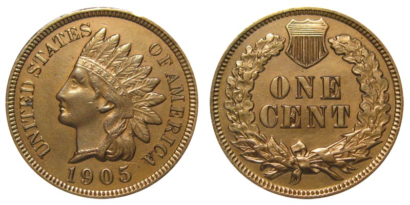 1905 Indian Head Penny obverse and reverse showing sharp feathers and LIBERTY headband in uncirculated red condition