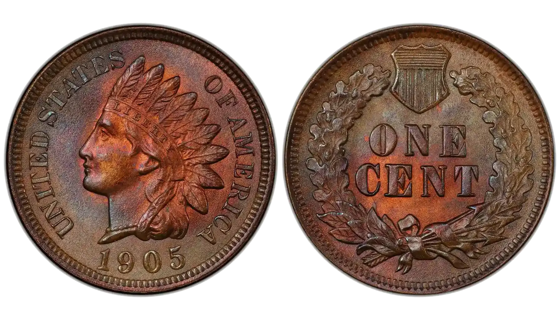 Side-by-side comparison of standard 1905 Indian Head Penny headband LIBERTY versus DDO-001 doubled die showing northeast doubling