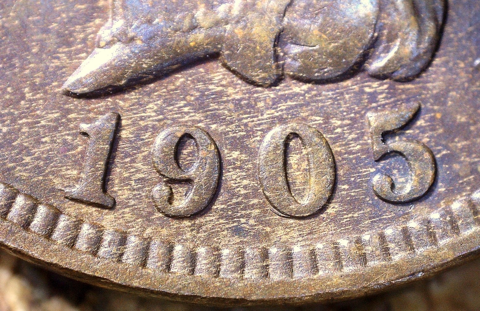1905 Indian Head Penny DDO-001 doubled die obverse close-up showing northeast doubling on LIBERTY in the headband