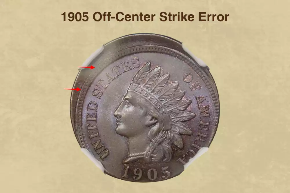 1905 Indian Head Penny off-center strike error showing 30-40% misalignment with crescent blank area and full date still visible